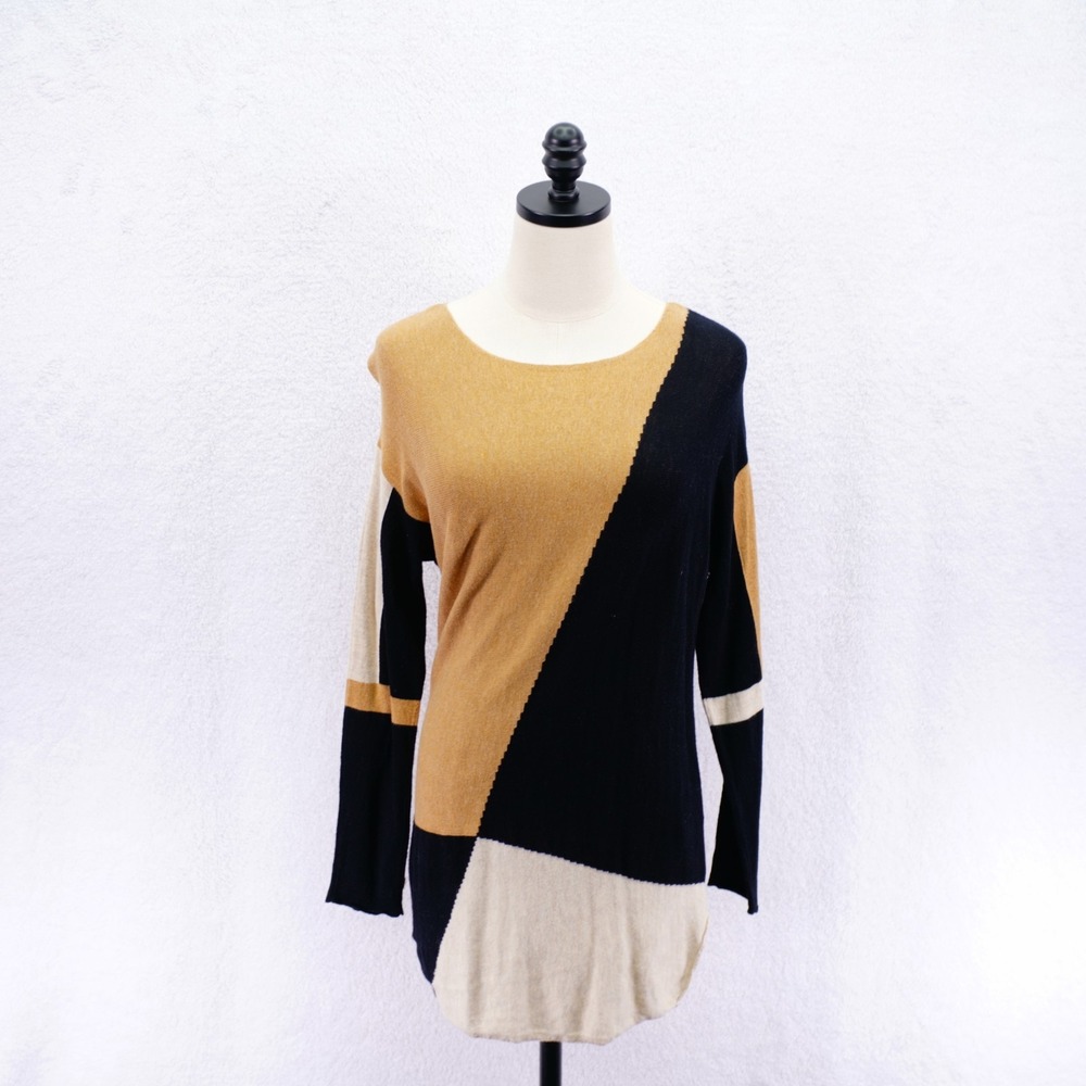 International Concepts -PS- Black Tan Color‎ Block Knit Sweater Dress Round Neck